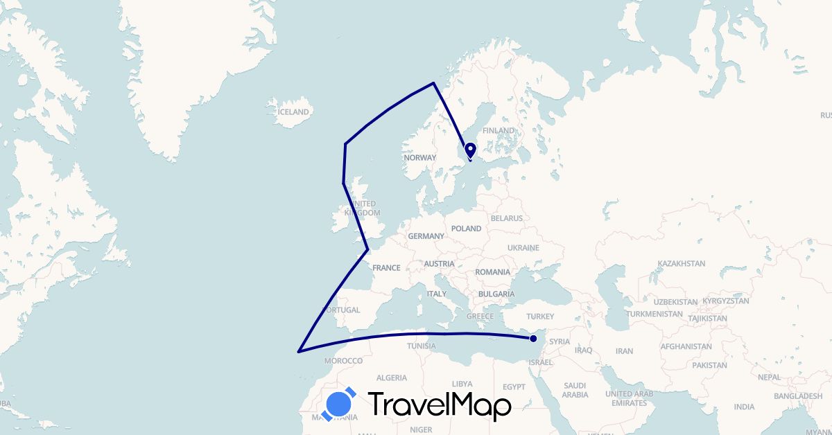 TravelMap itinerary: driving in Åland Islands, Cyprus, Faroe Islands, United Kingdom, Jersey, Malta, Norway, Portugal (Asia, Europe)